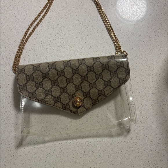 Gucci Tan and Gold Clutch with Chain - Picture 1 of 4